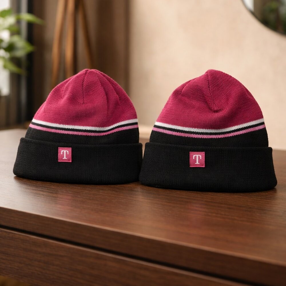 T-Mobile Winter Hat in Reddish Pink,‎ Black  and White Stripe - New